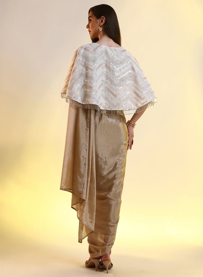 QISSA Women's French Beige Bijou Cape Pre-Draped Saree For Casual Wear | V-Neck | Cape Sleeves | 1 Piece Pre-Draped Saree Designed With Comfort Fit For Everyday Ethnic Wear - Image 5